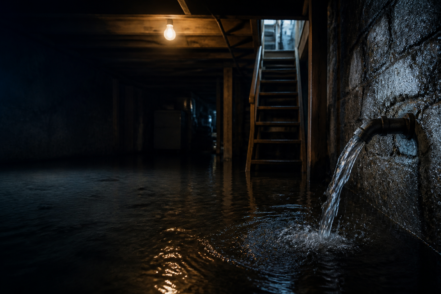 Flooded basement with standing water covering the floor near a burst pipe