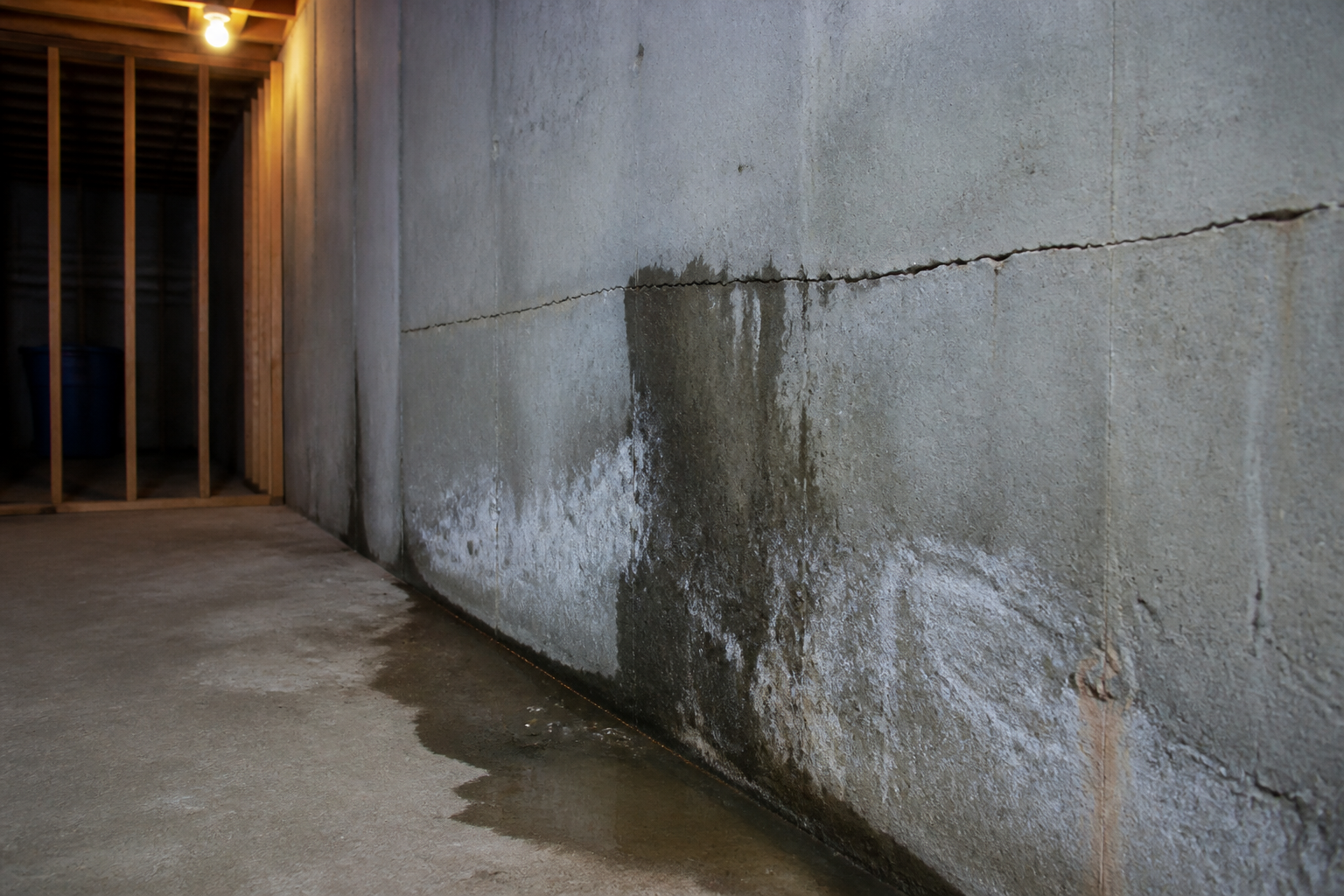 Water seeping through a basement foundation wall with visible moisture damage and cracking